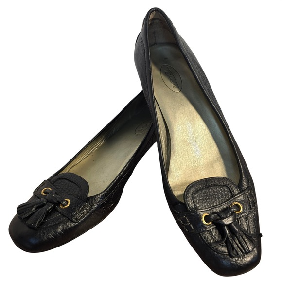 Talbots Shoes - Talbots Black Pebbled Leather Tassel Loafer Pumps Low Block Heel Gold Hardware